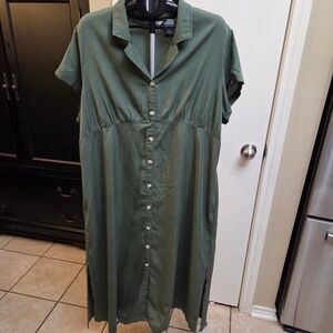 Terra Sky Green Lyocell Button Front Midi Shirt Dress Plus Size 1X 16W 18W